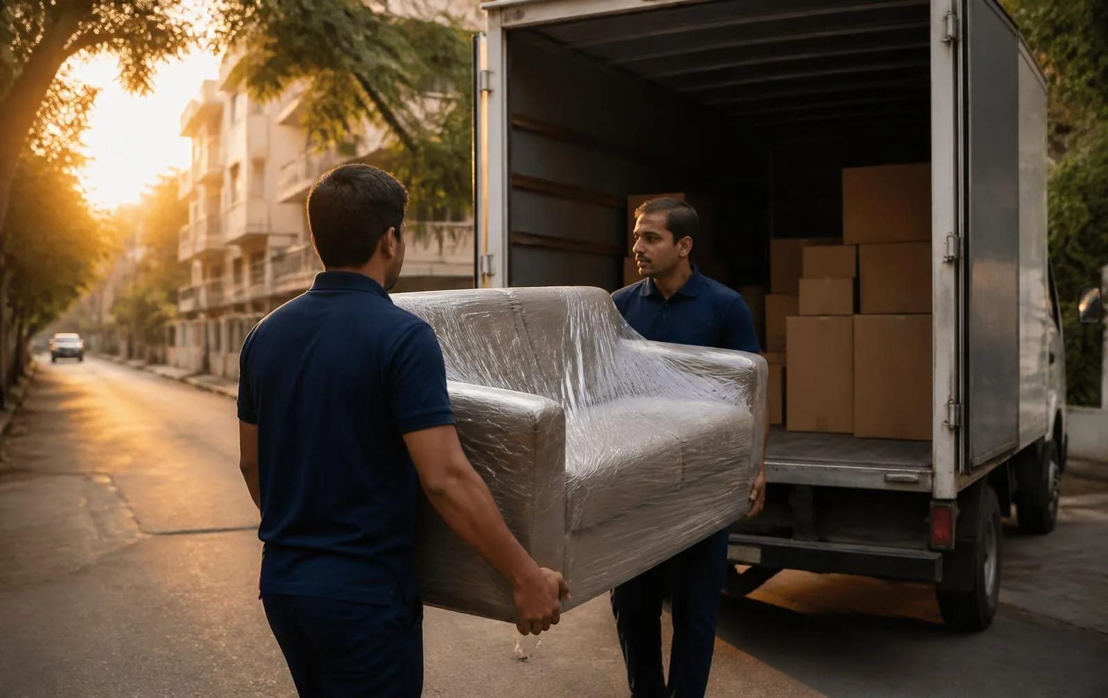 Packzy movers loading wrapped furniture into a moving truck